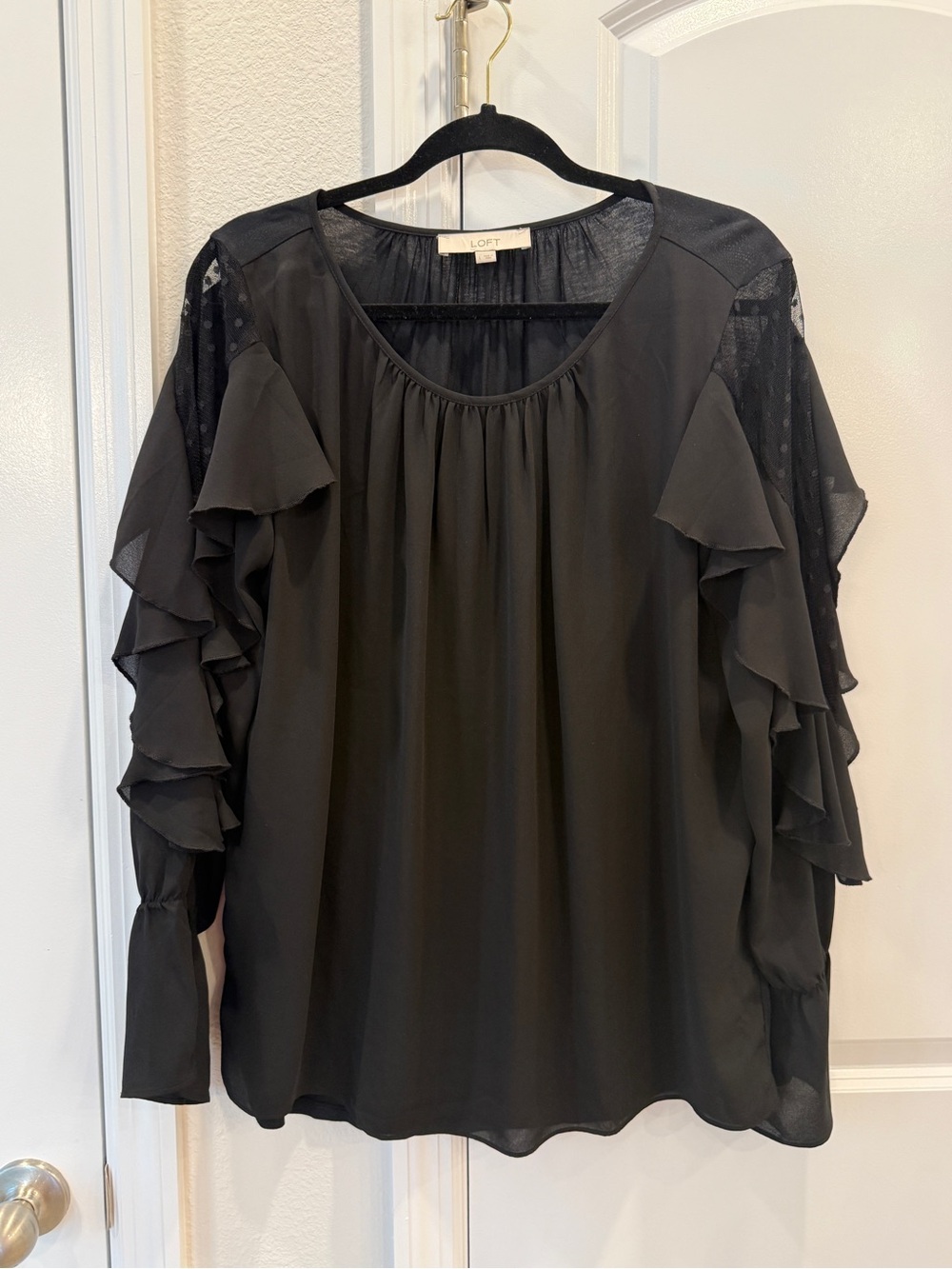 LOFT Black Ruffle Sleeve Sheer-Panel Blouse